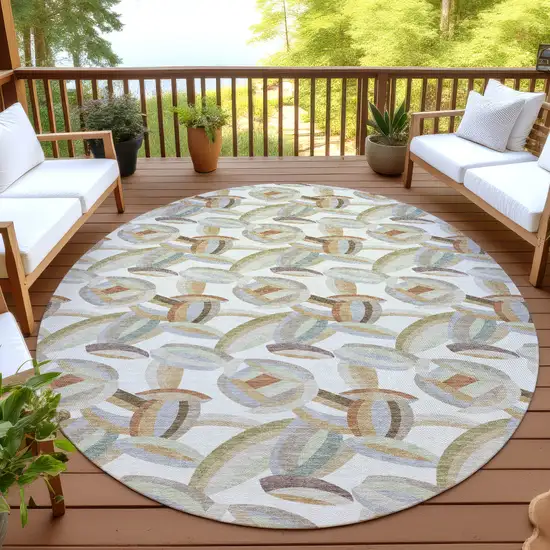 8' Ivory And Green Round Abstract Washable Indoor Outdoor Area Rug Photo 4