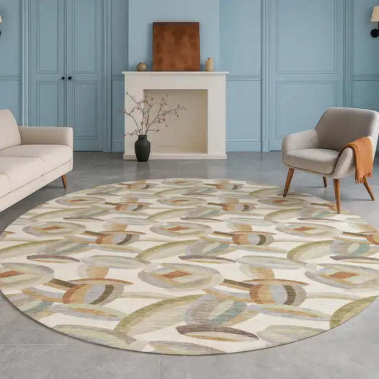 8' Ivory And Green Round Abstract Washable Indoor Outdoor Area Rug Photo 5