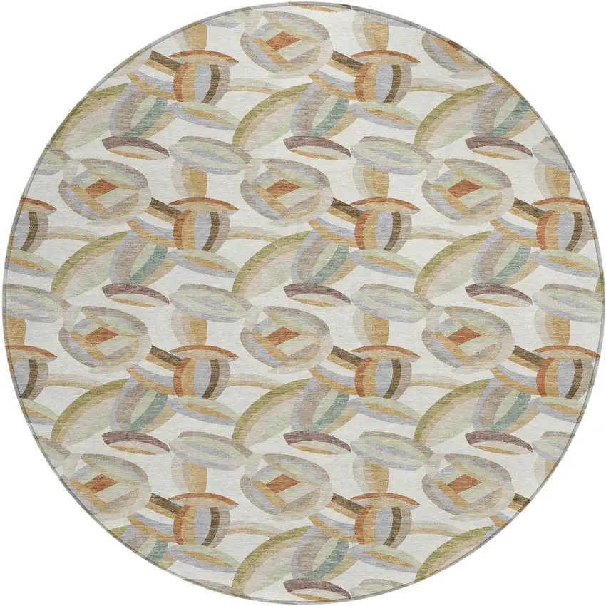 8' Ivory And Green Round Abstract Washable Indoor Outdoor Area Rug Photo 1