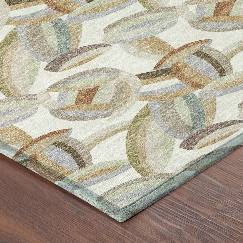 8' Ivory And Green Round Abstract Washable Indoor Outdoor Area Rug Photo 6