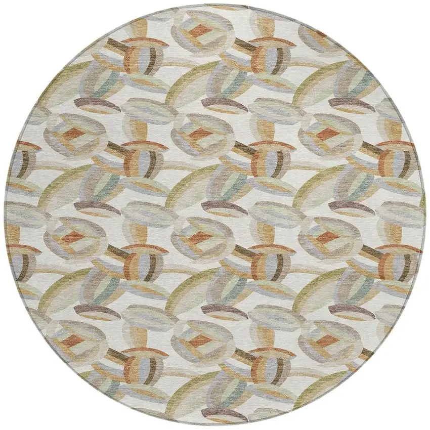 8' Ivory And Green Round Abstract Washable Indoor Outdoor Area Rug Photo 2