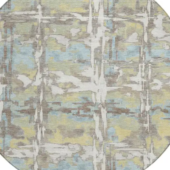 8' Ivory And Green Round Abstract Washable Indoor Outdoor Area Rug Photo 2