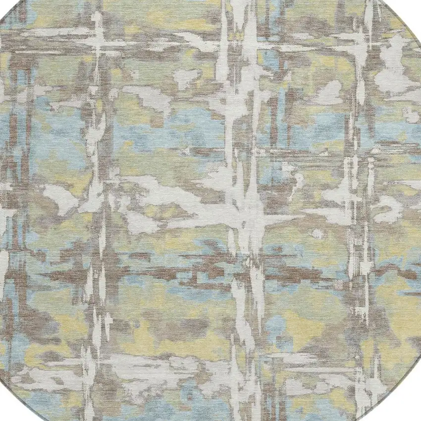 8' Ivory And Green Round Abstract Washable Indoor Outdoor Area Rug Photo 2