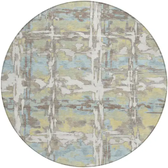 8' Ivory And Green Round Abstract Washable Indoor Outdoor Area Rug Photo 1