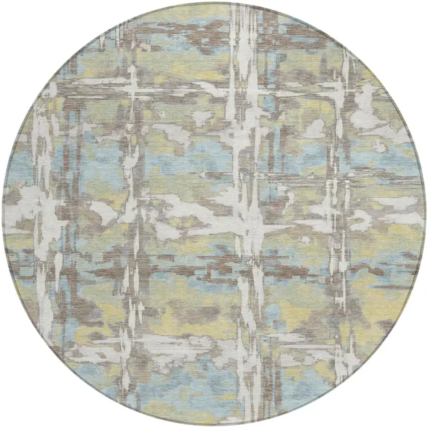 8' Ivory And Green Round Abstract Washable Indoor Outdoor Area Rug Photo 1