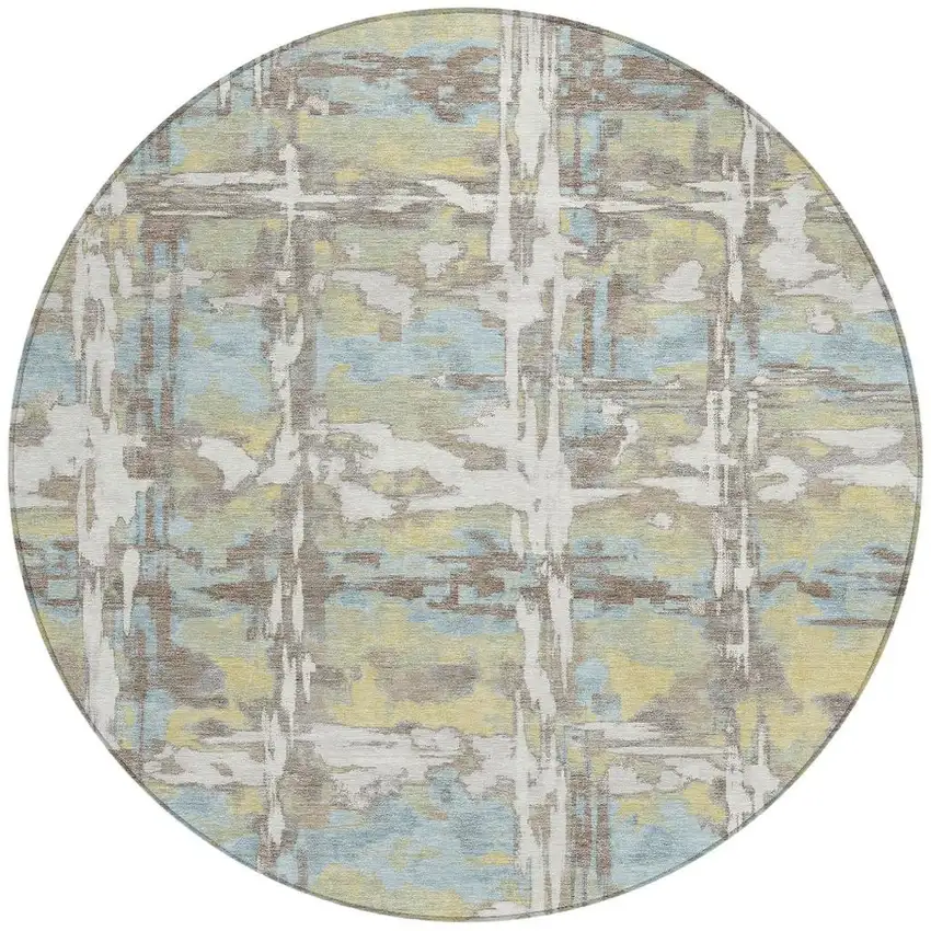 8' Ivory And Green Round Abstract Washable Indoor Outdoor Area Rug Photo 3