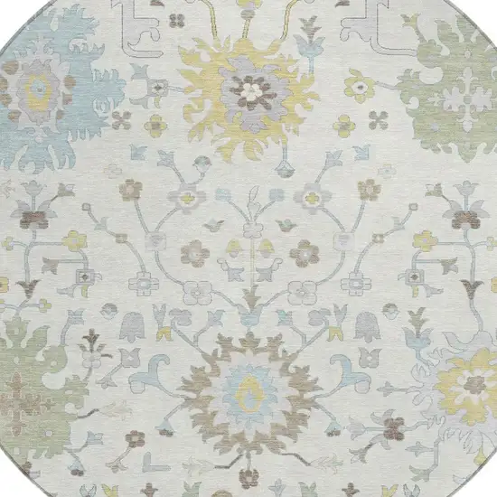 8' Ivory And Green Round Faux Bois Washable Indoor Outdoor Area Rug Photo 2