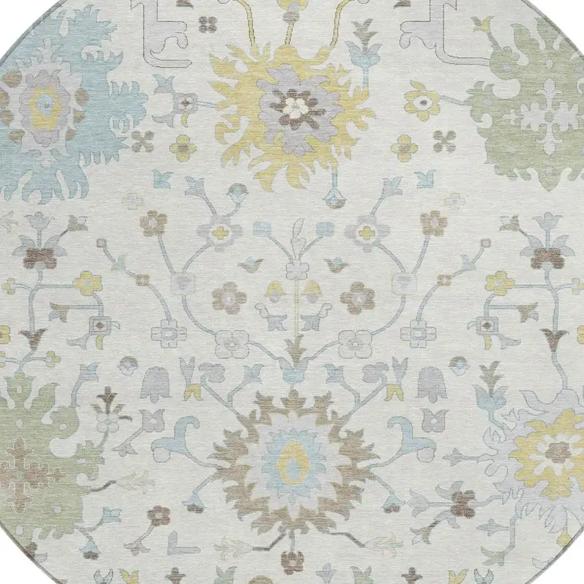 8' Ivory And Green Round Faux Bois Washable Indoor Outdoor Area Rug Photo 2