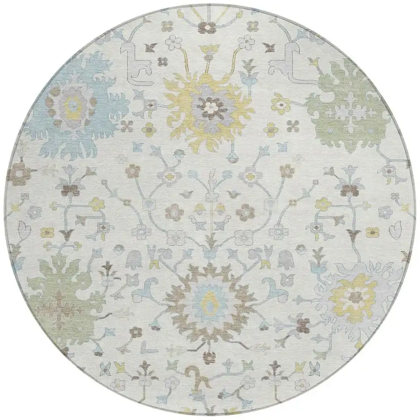 8' Ivory And Green Round Faux Bois Washable Indoor Outdoor Area Rug Photo 3