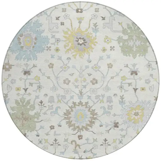 8' Ivory And Green Round Faux Bois Washable Indoor Outdoor Area Rug Photo 3