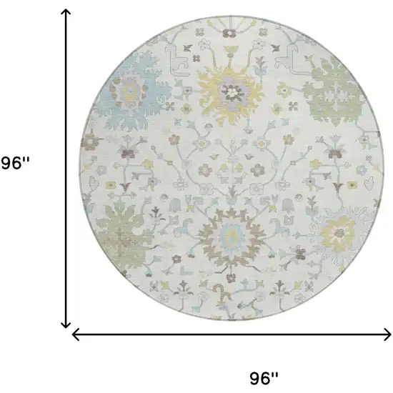 8' Ivory And Green Round Faux Bois Washable Indoor Outdoor Area Rug Photo 6