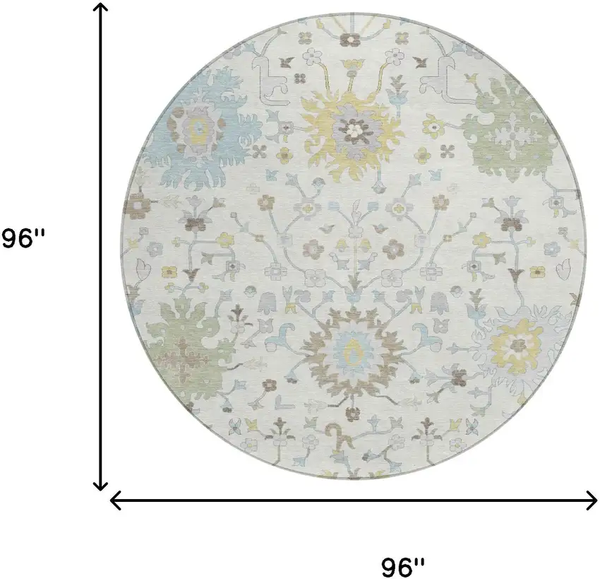 8' Ivory And Green Round Faux Bois Washable Indoor Outdoor Area Rug Photo 6