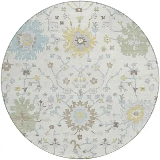 8' Ivory And Green Round Faux Bois Washable Indoor Outdoor Area Rug Photo 1