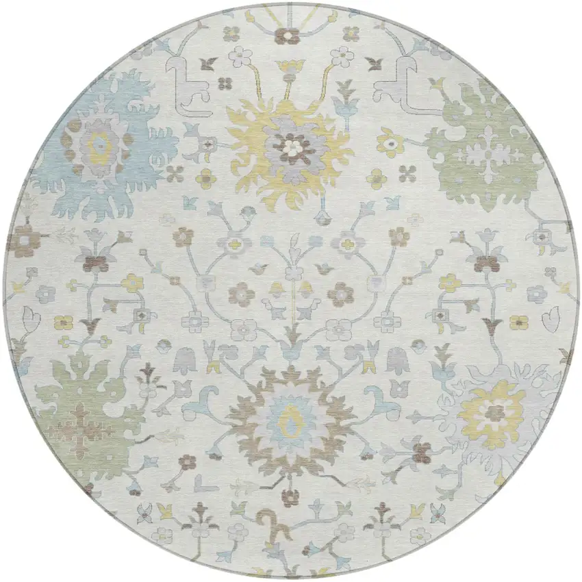 8' Ivory And Green Round Faux Bois Washable Indoor Outdoor Area Rug Photo 1