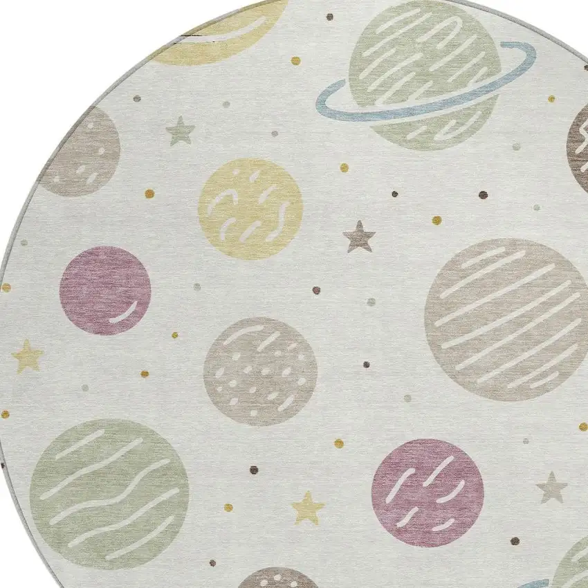 8' Ivory And Green Round Floral Washable Indoor Outdoor Area Rug Photo 2
