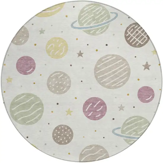 8' Ivory And Green Round Floral Washable Indoor Outdoor Area Rug Photo 1