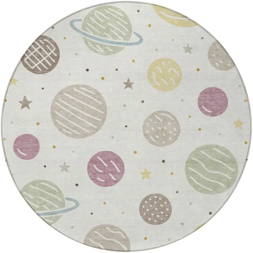8' Ivory And Green Round Floral Washable Indoor Outdoor Area Rug Photo 3