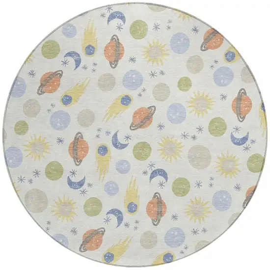 8' Ivory And Green Round Geometric Washable Indoor Outdoor Area Rug Photo 2