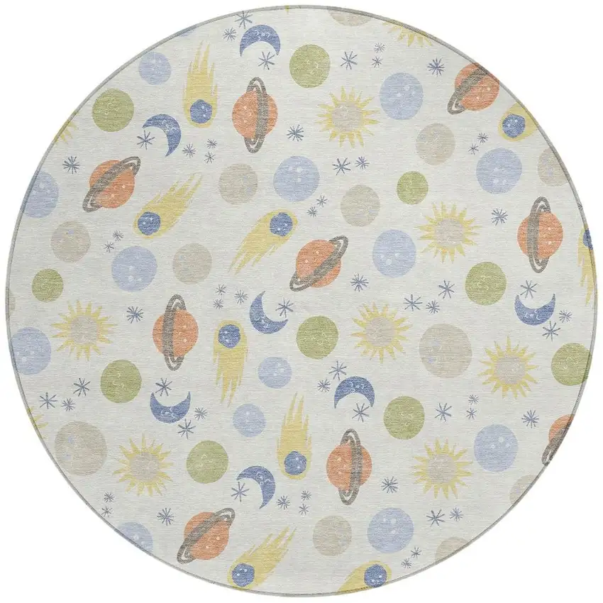 8' Ivory And Green Round Geometric Washable Indoor Outdoor Area Rug Photo 2