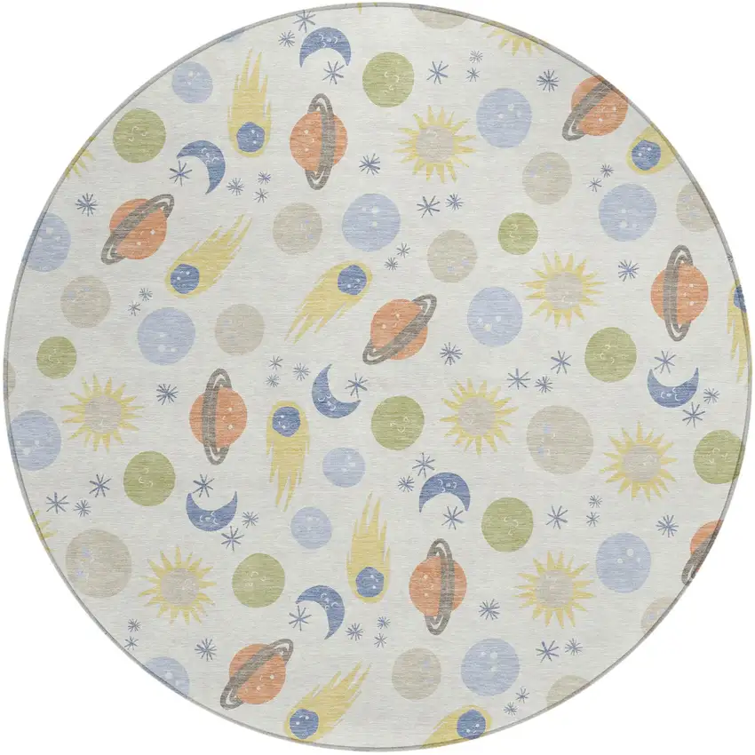 8' Ivory And Green Round Geometric Washable Indoor Outdoor Area Rug Photo 3