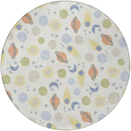 8' Ivory And Green Round Geometric Washable Indoor Outdoor Area Rug Photo 1