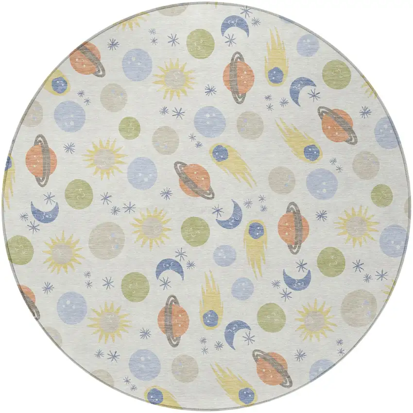 8' Ivory And Green Round Geometric Washable Indoor Outdoor Area Rug Photo 1