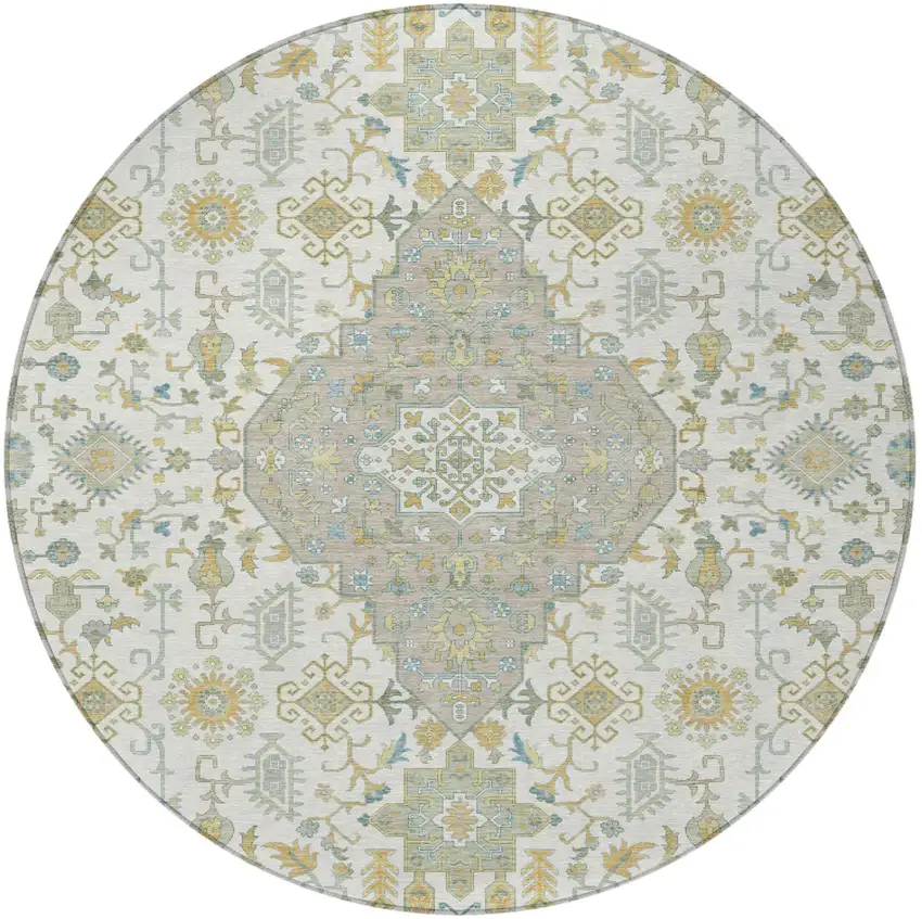 8' Ivory And Green Round Medallion Washable Indoor Outdoor Area Rug Photo 3