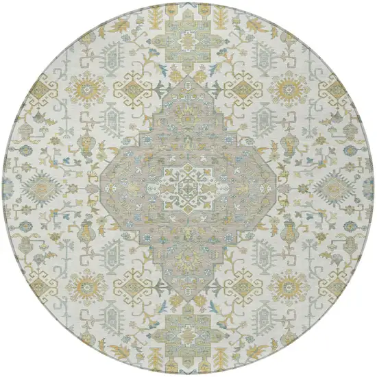 8' Ivory And Green Round Medallion Washable Indoor Outdoor Area Rug Photo 3