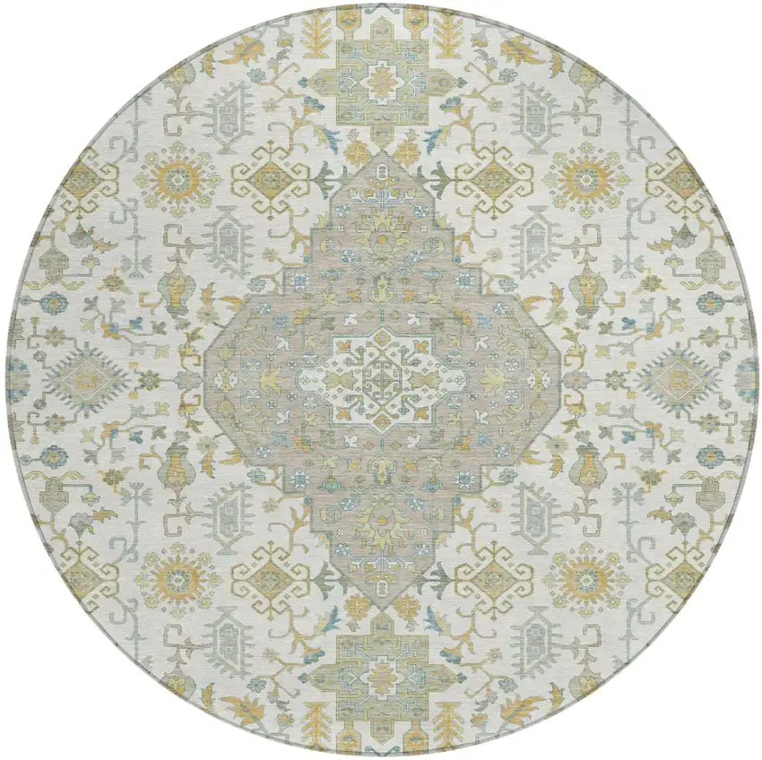 8' Ivory And Green Round Medallion Washable Indoor Outdoor Area Rug Photo 2