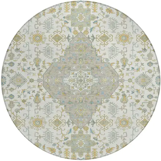 8' Ivory And Green Round Medallion Washable Indoor Outdoor Area Rug Photo 2