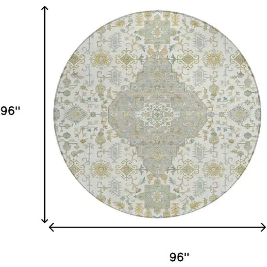 8' Ivory And Green Round Medallion Washable Indoor Outdoor Area Rug Photo 6