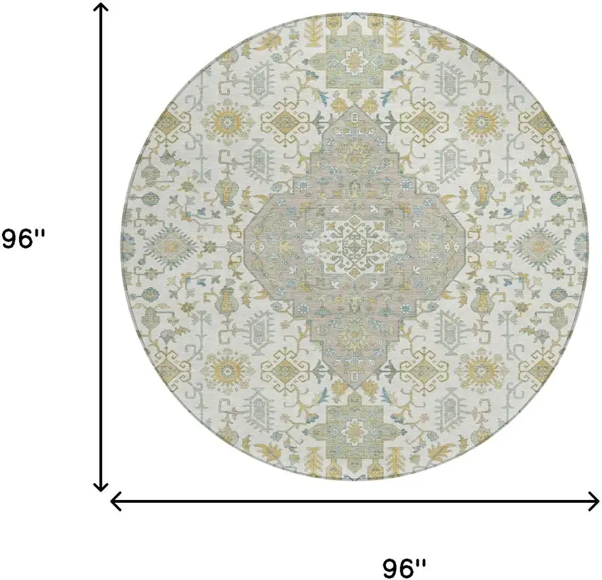 8' Ivory And Green Round Medallion Washable Indoor Outdoor Area Rug Photo 6