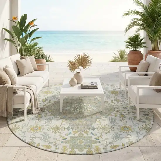 8' Ivory And Green Round Medallion Washable Indoor Outdoor Area Rug Photo 1