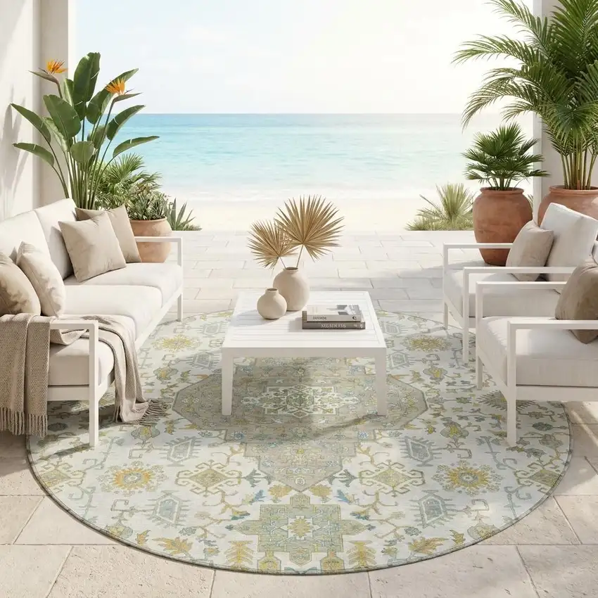 8' Ivory And Green Round Medallion Washable Indoor Outdoor Area Rug Photo 1
