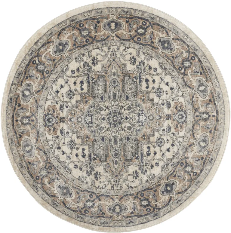 4' Ivory And Grey Round Oriental Power Loom Non Skid Area Rug Photo 2