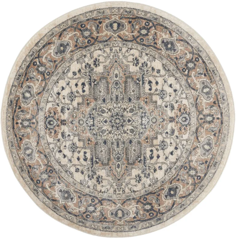4' Ivory And Grey Round Oriental Power Loom Non Skid Area Rug Photo 1