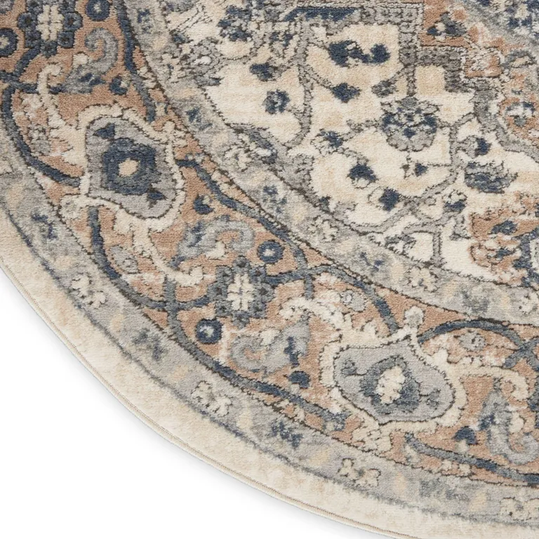 4' Ivory And Grey Round Oriental Power Loom Non Skid Area Rug Photo 3