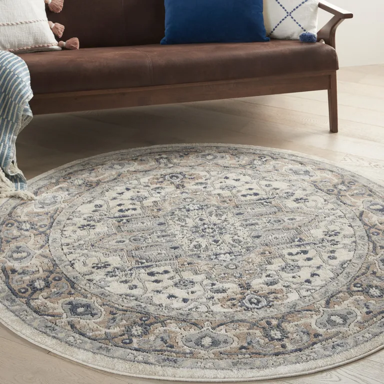 4' Ivory And Grey Round Oriental Power Loom Non Skid Area Rug Photo 3