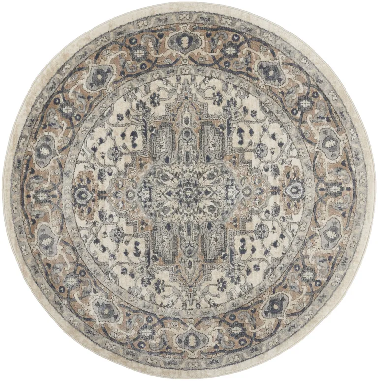 4' Ivory And Grey Round Oriental Power Loom Non Skid Area Rug Photo 4