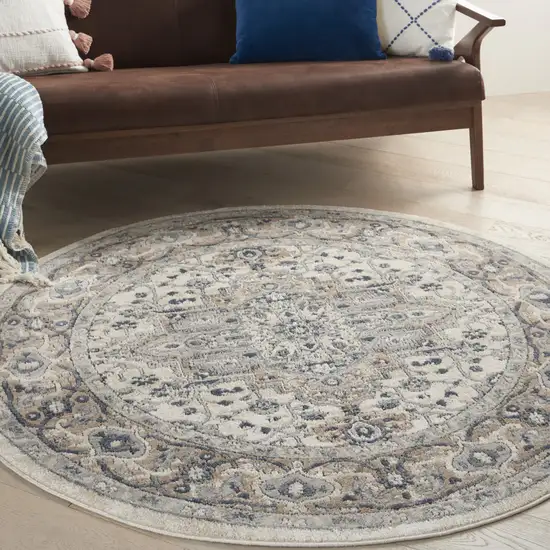 4' Ivory And Gray Oriental Distressed Round Rug Photo 7