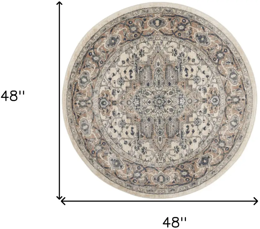 4' Ivory And Grey Round Oriental Power Loom Non Skid Area Rug Photo 6