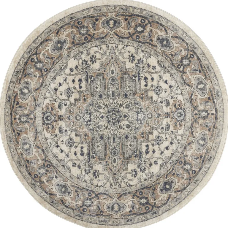 4' Ivory And Grey Round Oriental Power Loom Non Skid Area Rug Photo 3