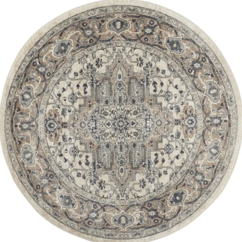 4' Ivory And Grey Round Oriental Power Loom Non Skid Area Rug Photo 8