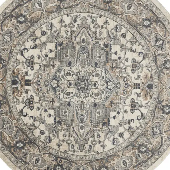 8' Ivory And Grey Round Oriental Power Loom Non Skid Area Rug Photo 7