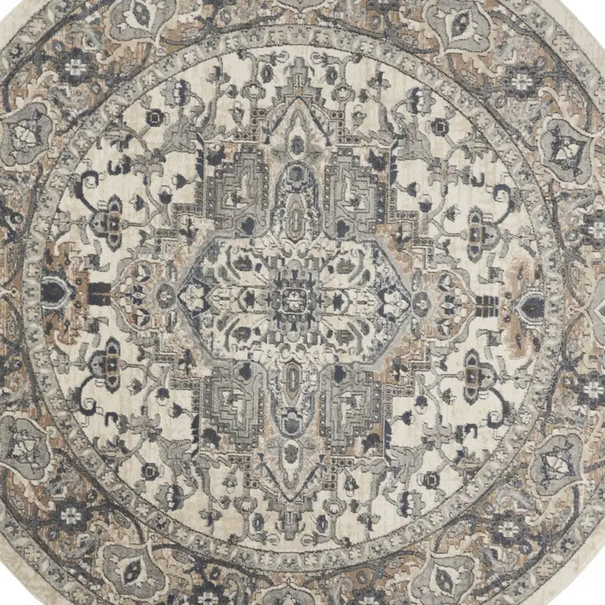 8' Ivory And Grey Round Oriental Power Loom Non Skid Area Rug Photo 7
