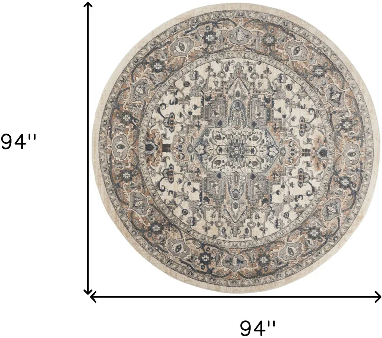 8' Ivory And Grey Round Oriental Power Loom Non Skid Area Rug Photo 1