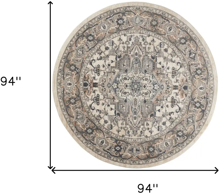8' Ivory And Grey Round Oriental Power Loom Non Skid Area Rug Photo 6