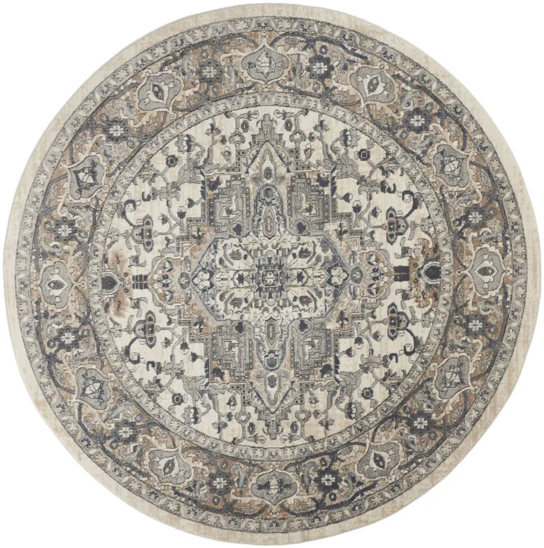 8' Ivory And Grey Round Oriental Power Loom Non Skid Area Rug Photo 4