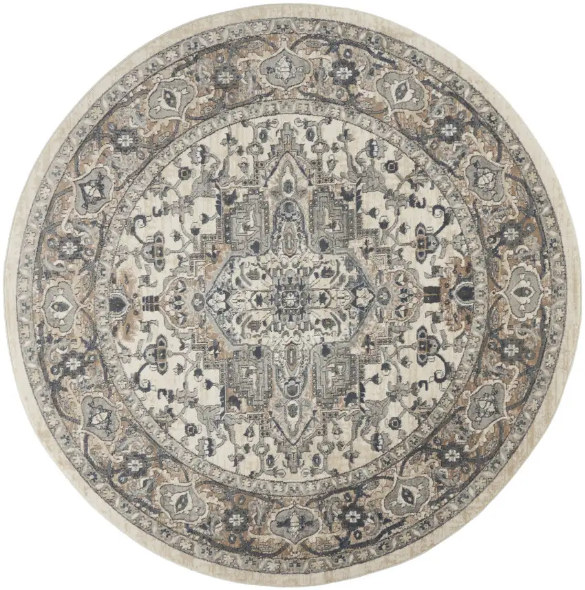 8' Ivory And Grey Round Oriental Power Loom Non Skid Area Rug Photo 8