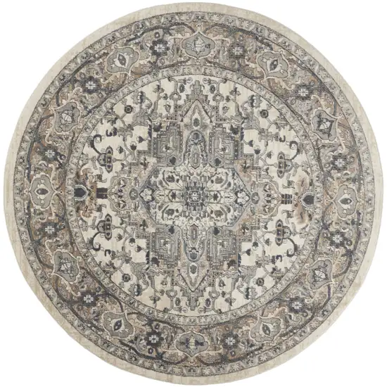 8' Ivory And Grey Round Oriental Power Loom Non Skid Area Rug Photo 1